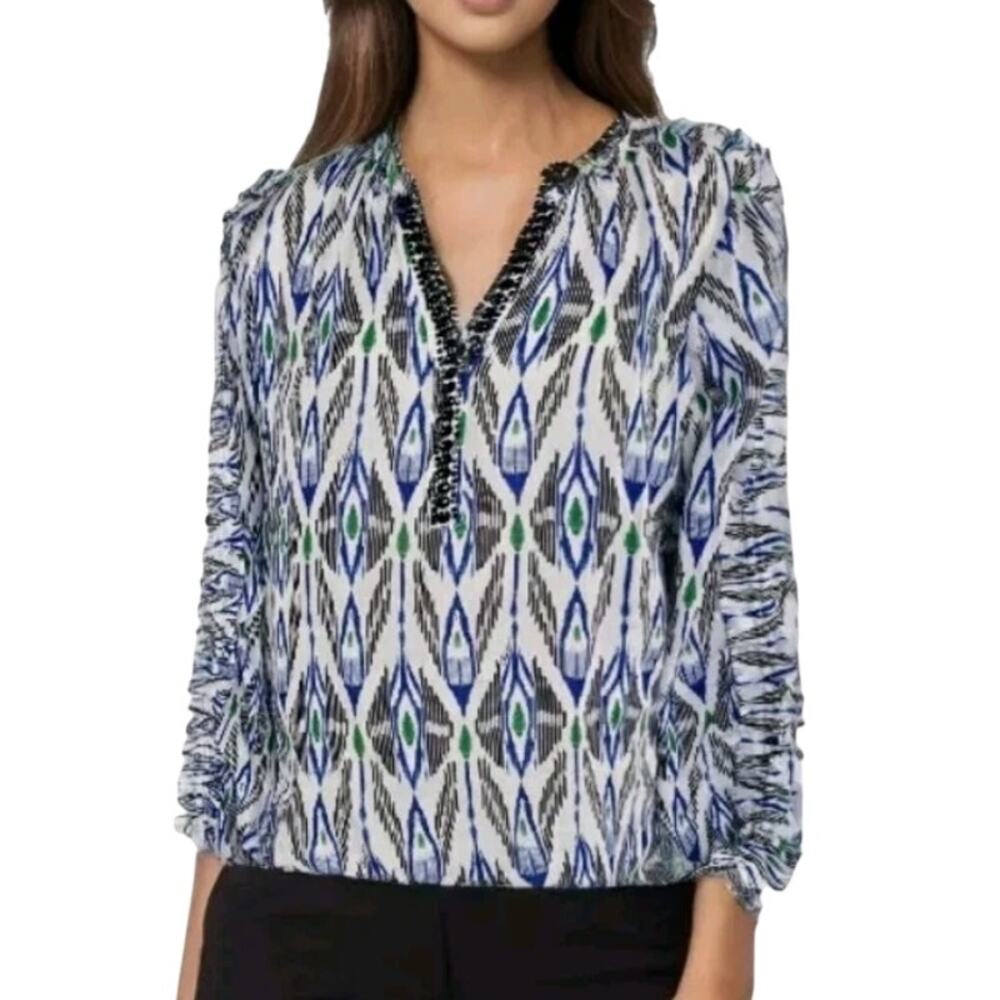 Chico’s Sz 3 White Black Blue Ikat Print Beaded Ruffle Coastal Light Blouse Top